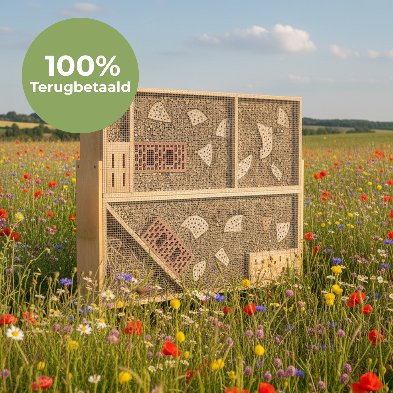 Een houten insectenhotel van één vierkante meter, verdeeld in verschillende compartimenten met natuurlijke materialen zoals boorgaten in hout, dennenappels en holle bamboestokken. Het betreft een niet-productieve investering op een landbouwperceel, volledig gefinancierd via VLIF-subsidies voor biodiversiteit.
