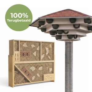 Pakket voor biodiversiteit bestaande uit een houten zwaluwtil op paal en een groot insectenhotel met verschillende compartimenten, geschikt voor VLIF-subsidies voor niet-productieve investeringen.